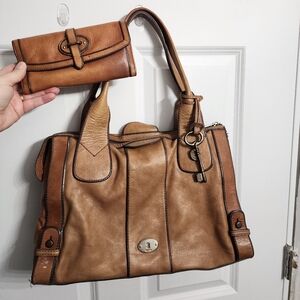 Fossil Vintage Brown leather Satchel & Wallet, shoulder bag, matching set, hobo